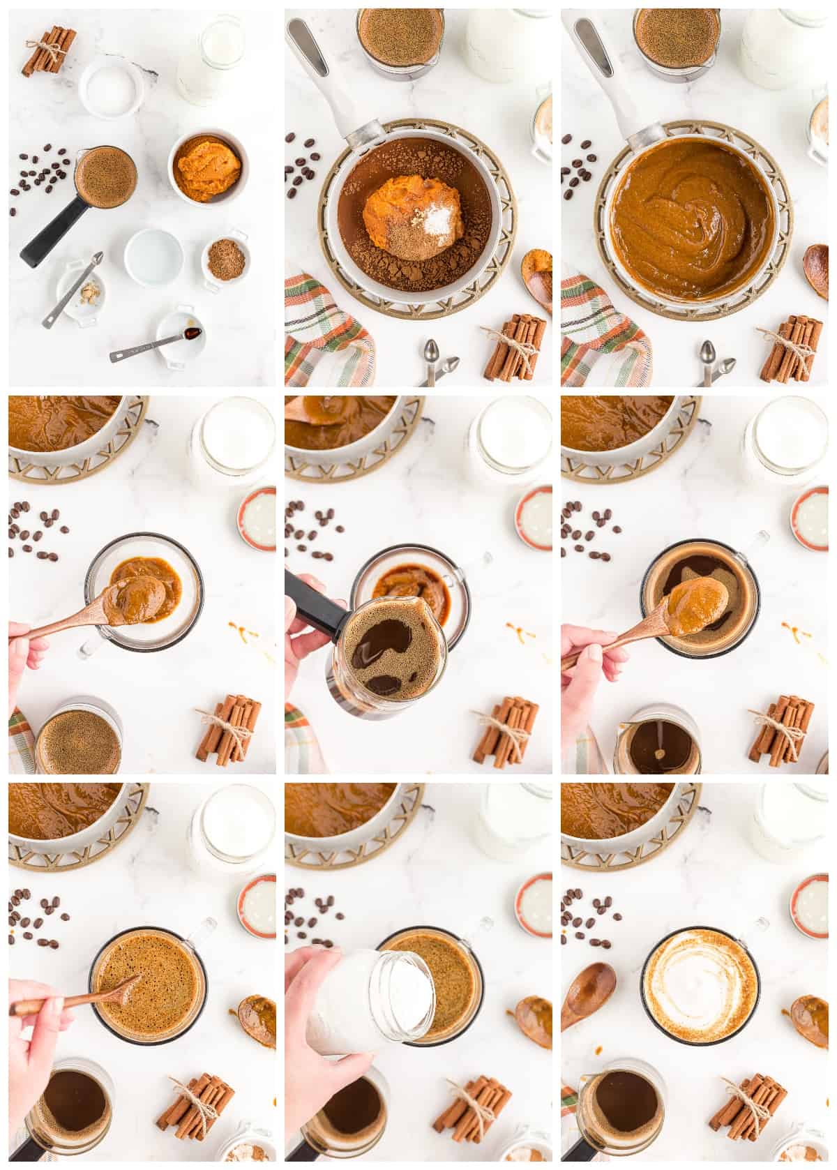 fotos de processo passo a passo mostrando como fazer um café com leite com especiarias de abóbora.