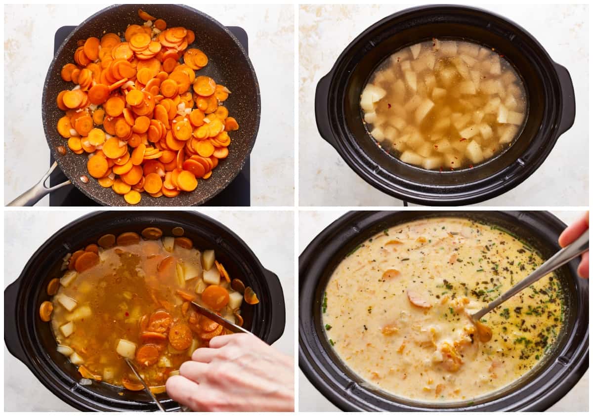 Uma série de fotos mostrando como fazer sopa na panela elétrica.