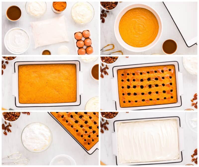 Uma colagem de fotos mostrando como fazer um bolo de abóbora.