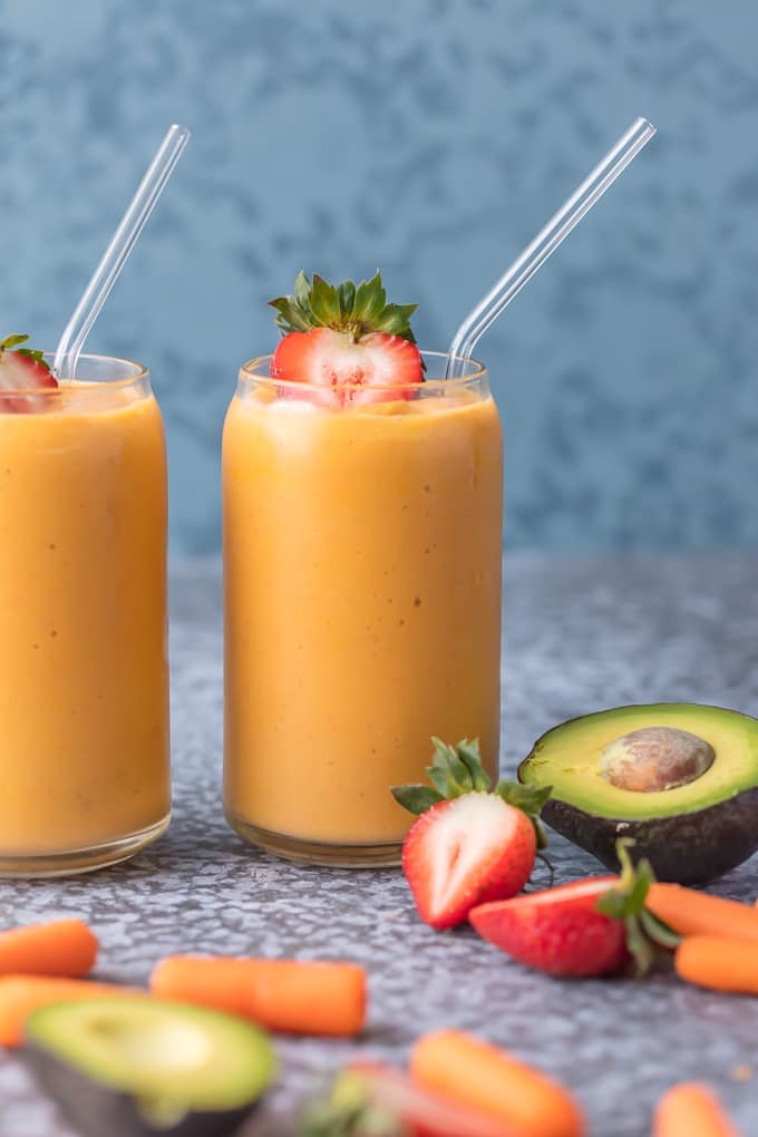 Coconut Water Smoothie with avocado, strawberries, carrots, and mango