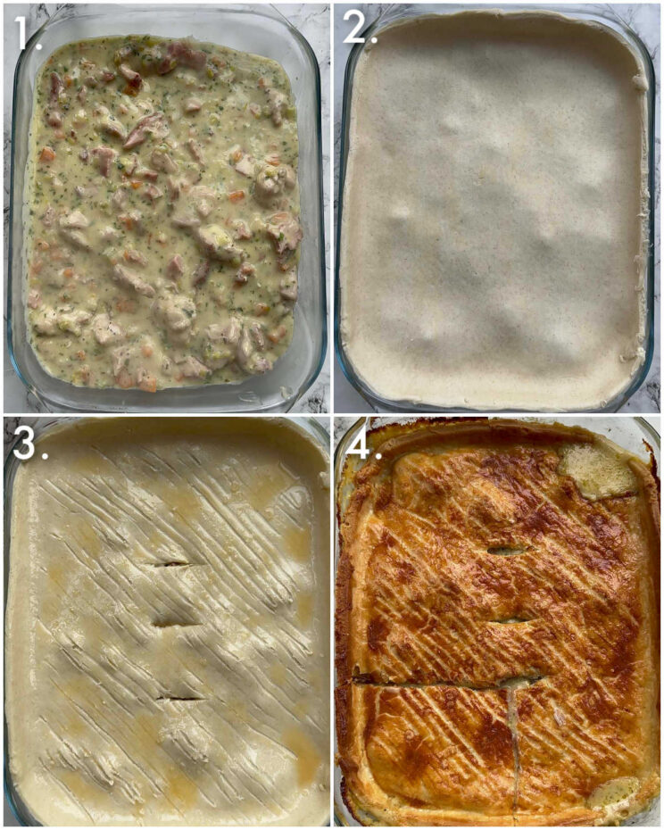 4 fotos passo a passo mostrando como fazer torta de frango com presunto