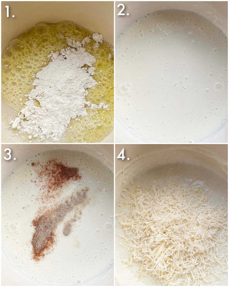 4 fotos passo a passo mostrando como fazer molho bechamel