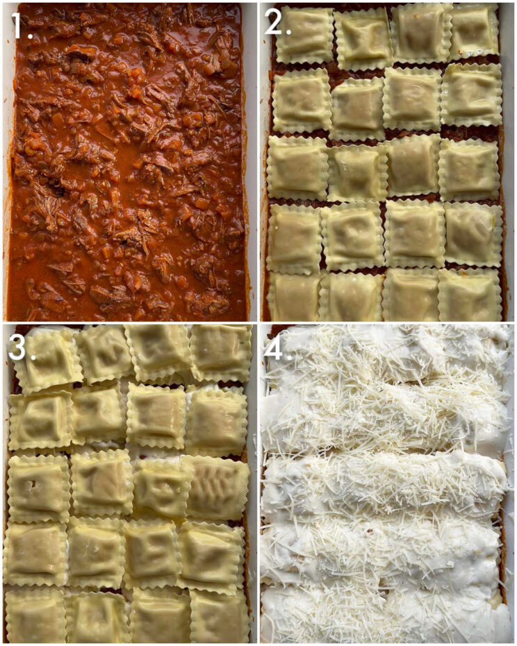 4 fotos passo a passo mostrando como fazer ravióli de carne assada