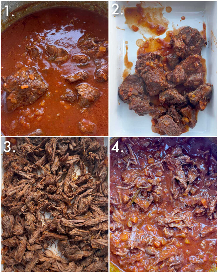 4 fotos passo a passo mostrando como fazer ragu de carne desfiada