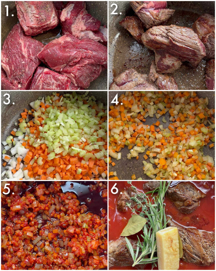 6 fotos passo a passo mostrando como fazer ragu de carne