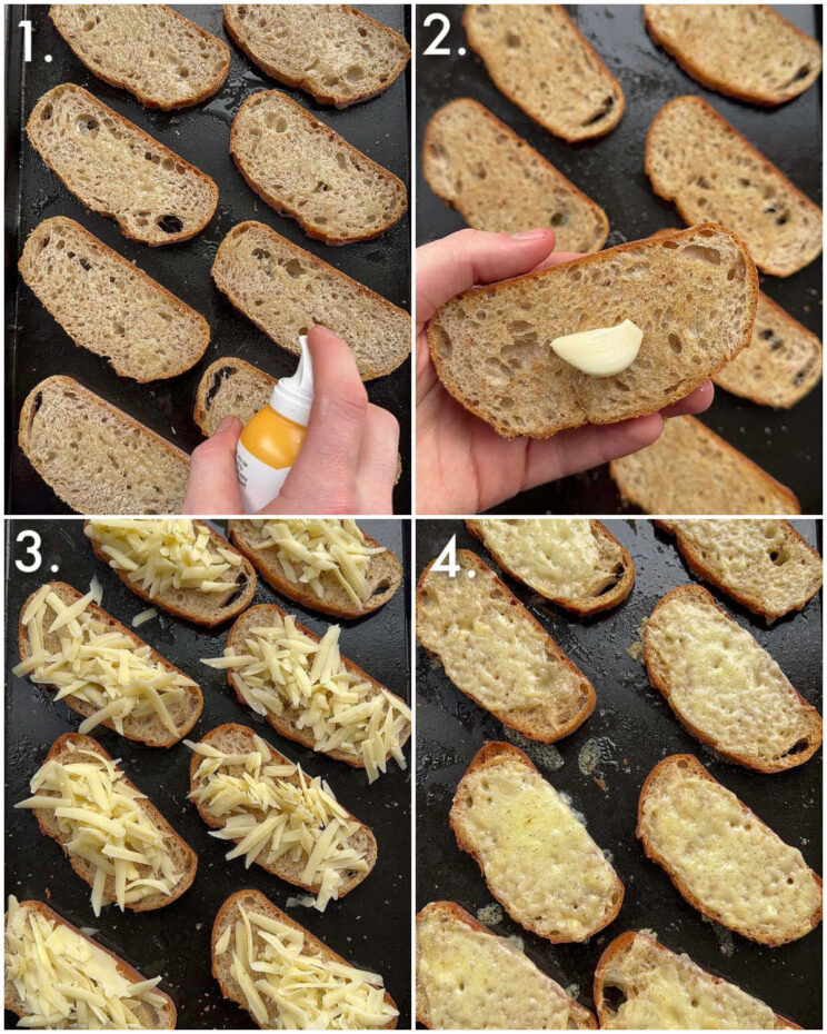 4 fotos passo a passo mostrando como fazer crostini com queijo