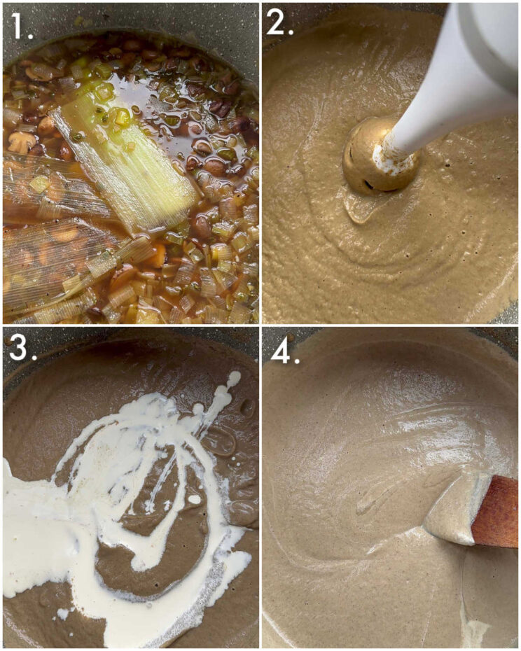 4 fotos passo a passo mostrando como fazer sopa cremosa de cogumelos