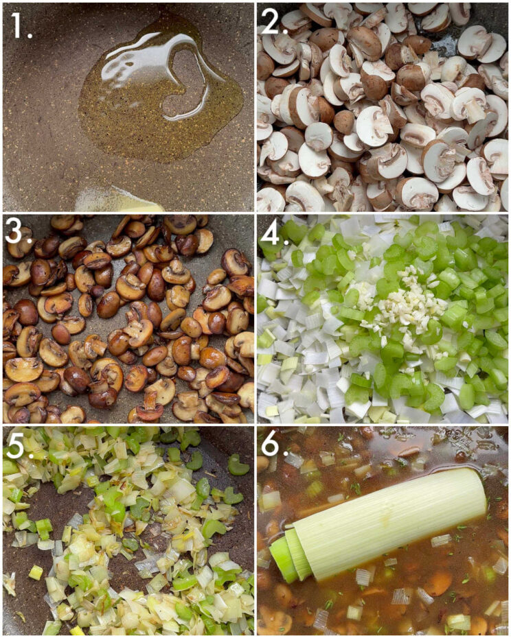6 fotos passo a passo mostrando como fazer sopa de cogumelos