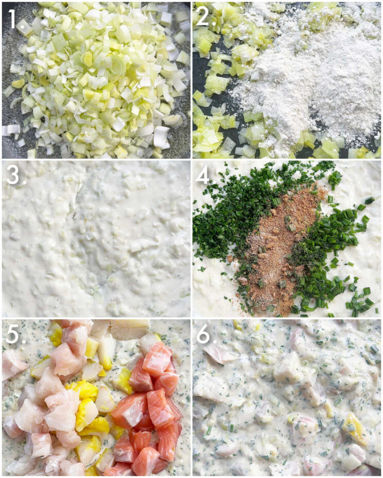 6 fotos passo a passo mostrando como fazer recheio de torta de peixe