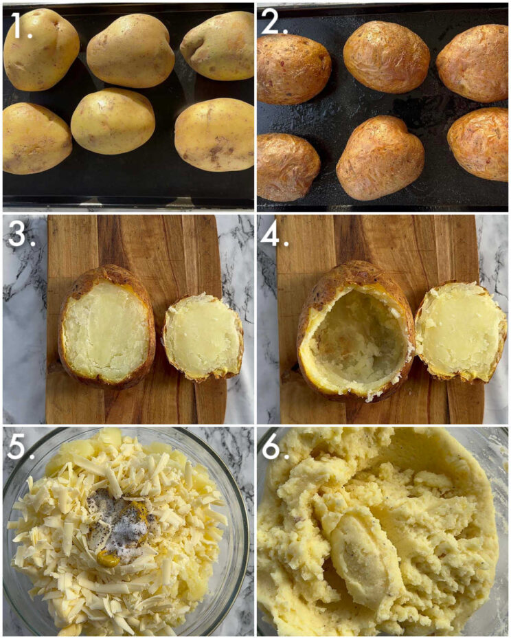 6 fotos passo a passo mostrando como fazer batata assada com torta de peixe
