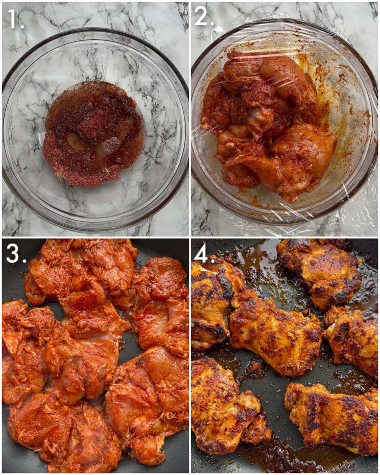 4 fotos passo a passo mostrando como fazer frango espanhol
