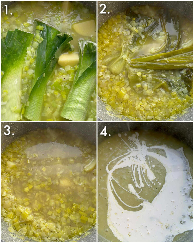 4 fotos passo a passo mostrando como fazer sopa cremosa de batata com alho-poró
