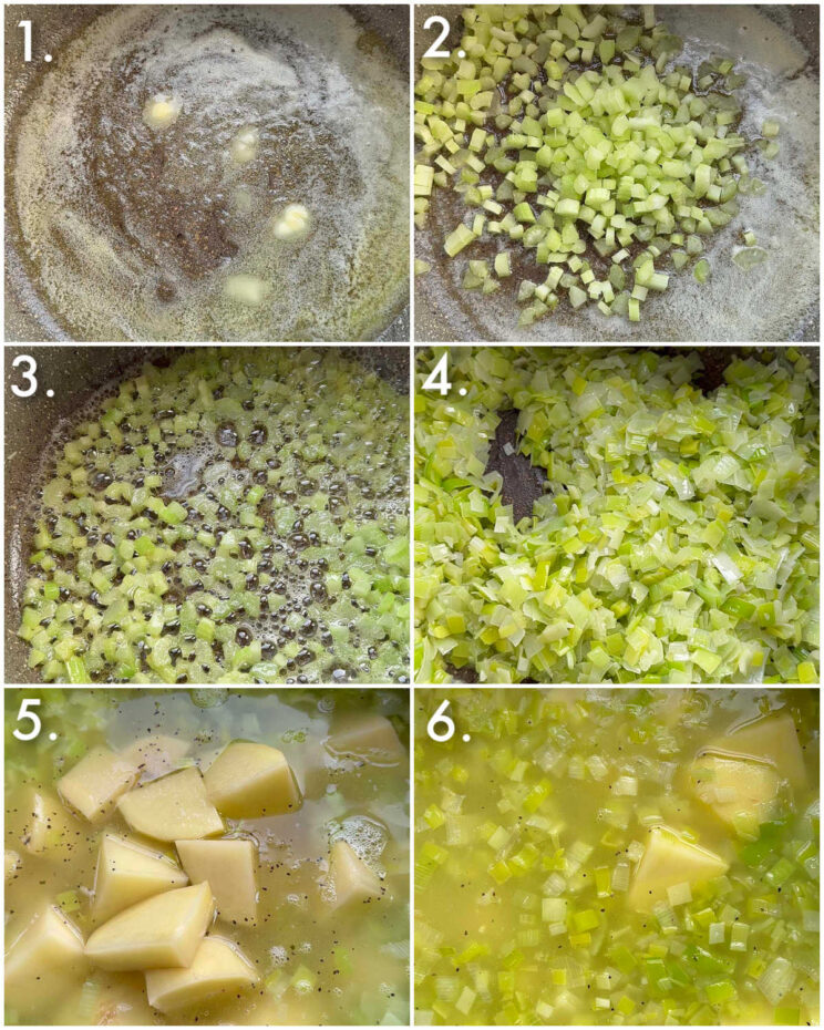 6 fotos passo a passo mostrando como fazer sopa de batata com alho-poró
