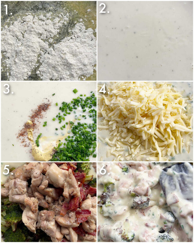6 fotos passo a passo mostrando como fazer frango com queijo e brócolis