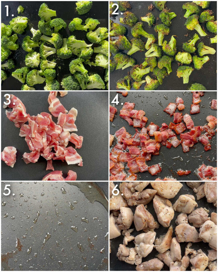 6 fotos passo a passo mostrando como fazer frango com brócolis e bacon