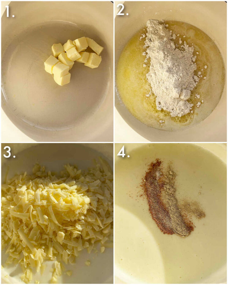 4 fotos passo a passo mostrando como fazer molho bechamel para lasanha de frango