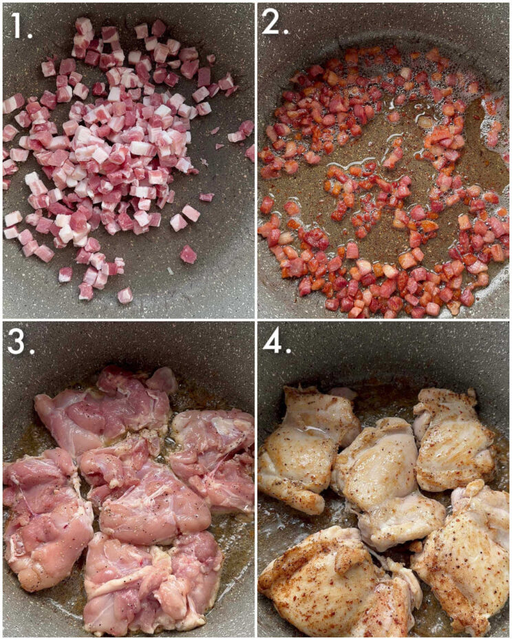 4 fotos passo a passo mostrando como fritar frango e pancetta
