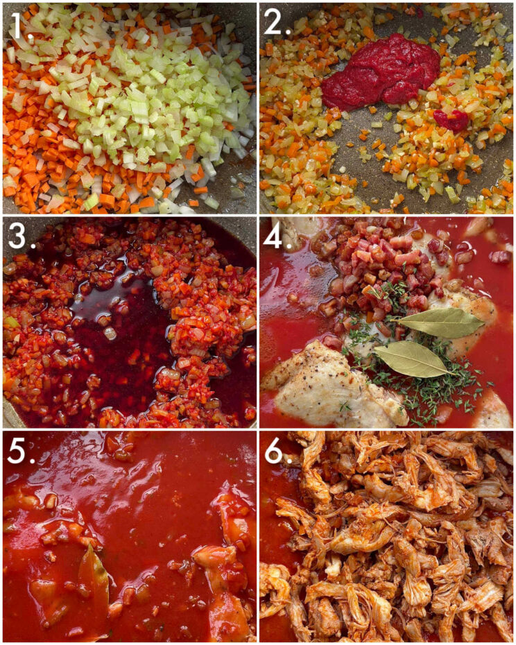 6 fotos passo a passo mostrando como fazer ragu de frango
