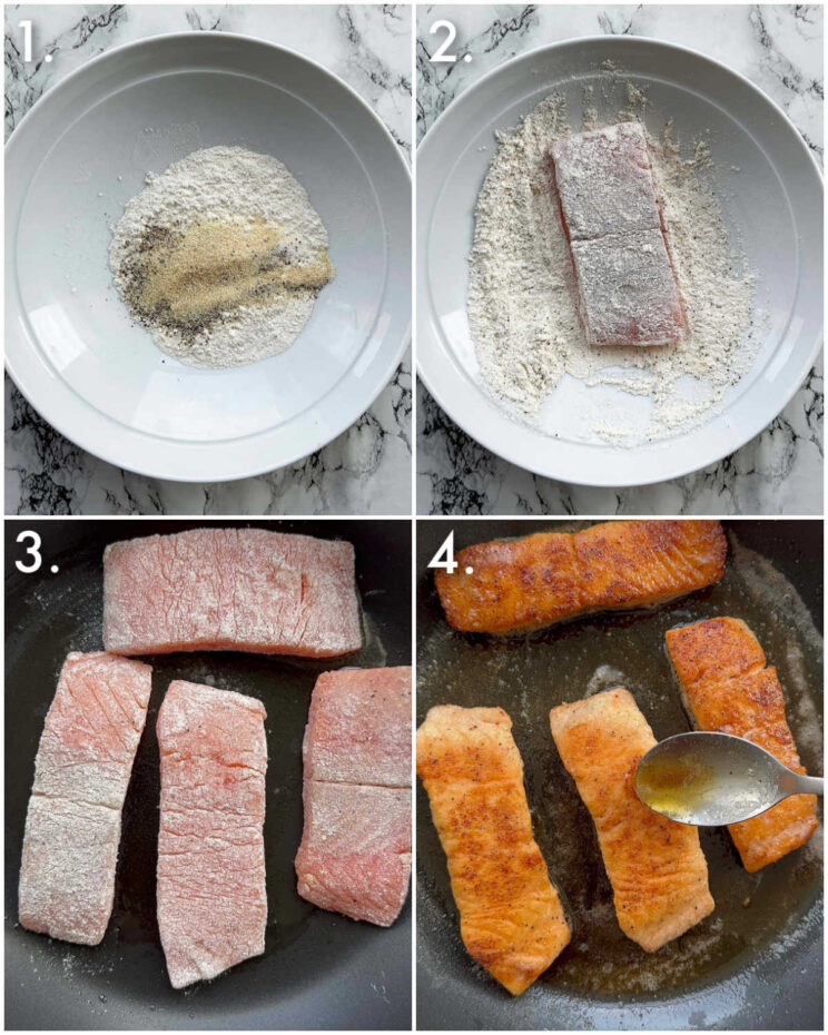 4 fotos passo a passo mostrando como preparar salmão com manteiga de alho