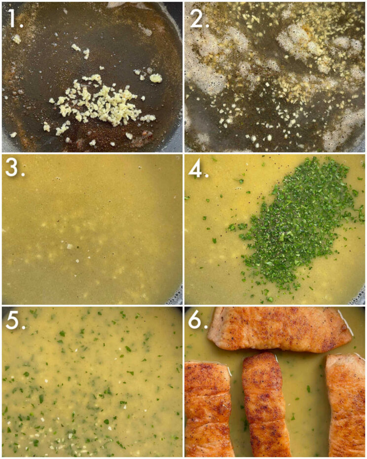 6 fotos passo a passo mostrando como fazer molho de manteiga de alho para salmão