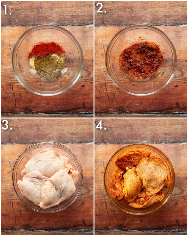 4 fotos passo a passo mostrando como temperar coxas de frango