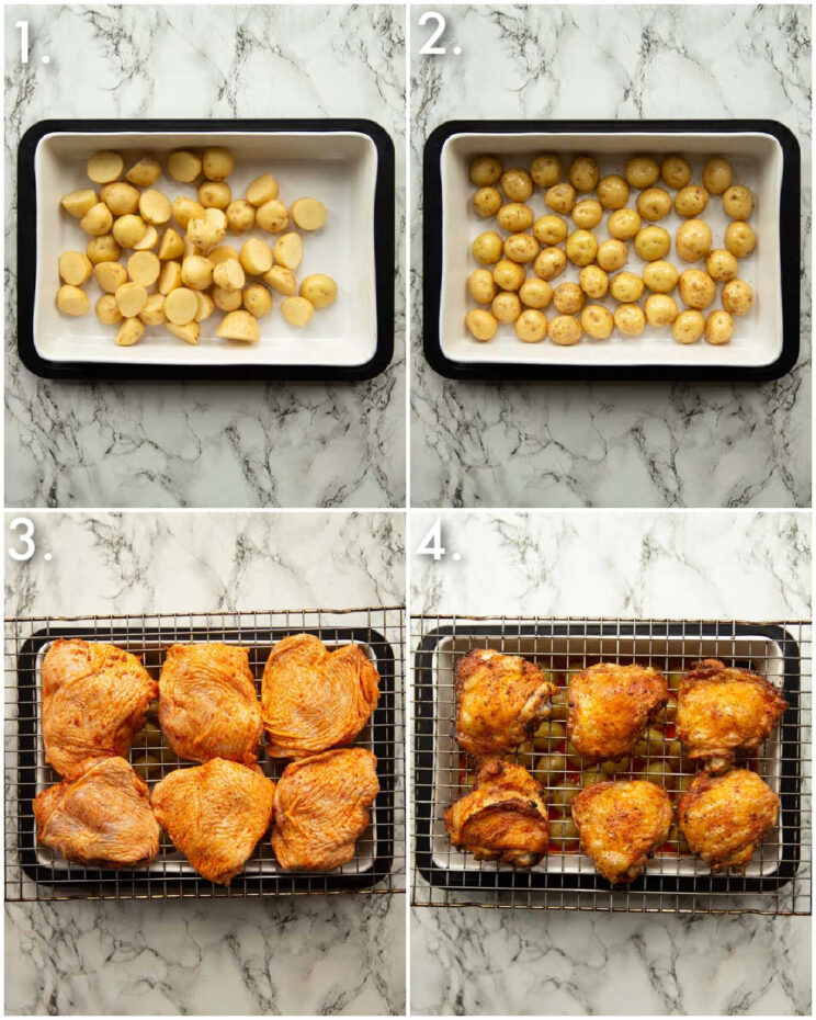 4 fotos passo a passo mostrando como fazer frango com batata