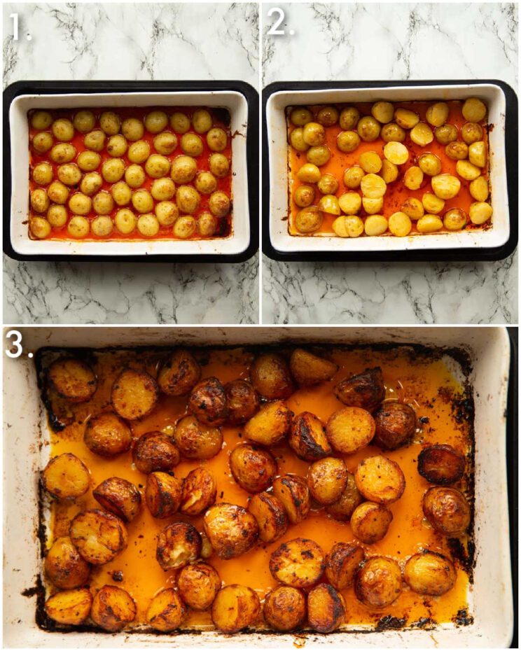 3 fotos passo a passo mostrando como fazer batatas com gordura de frango