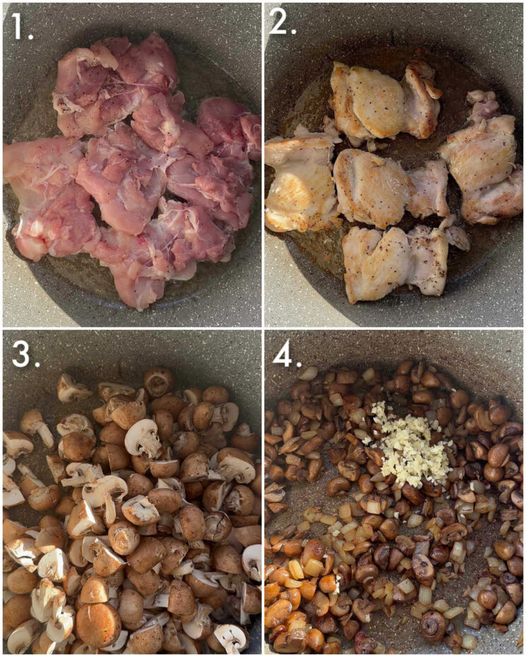 4 fotos passo a passo mostrando como fazer tetrazzini de frango e cogumelos