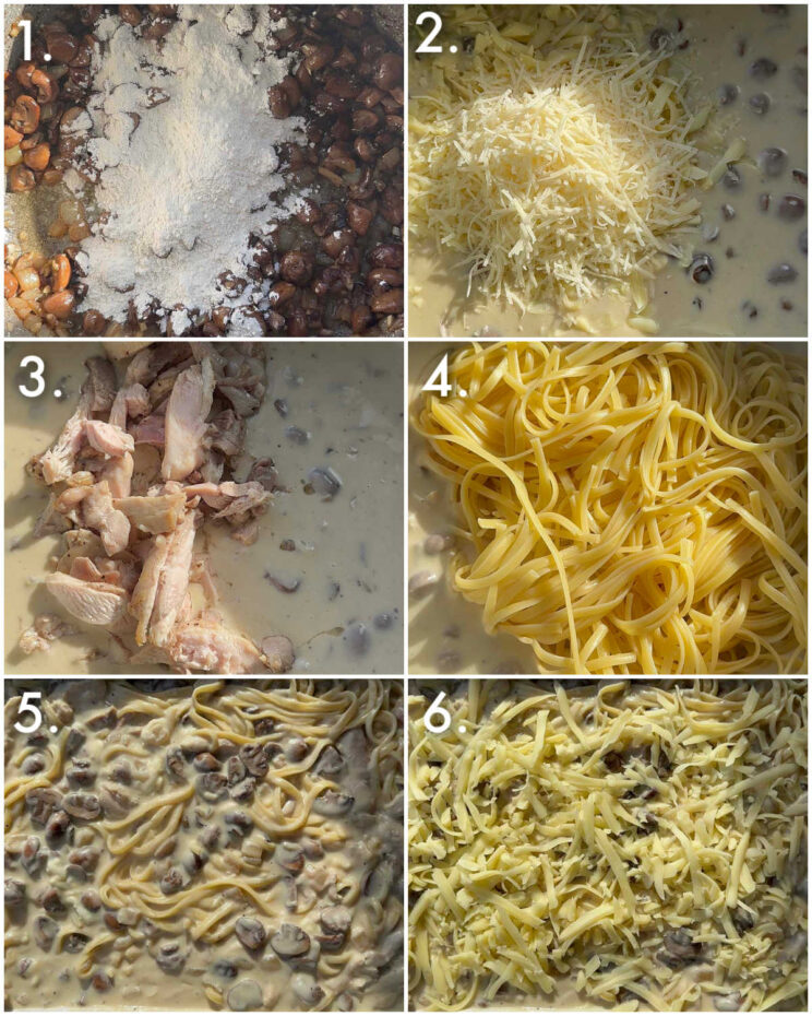 6 fotos passo a passo mostrando como fazer tetrazzini de frango