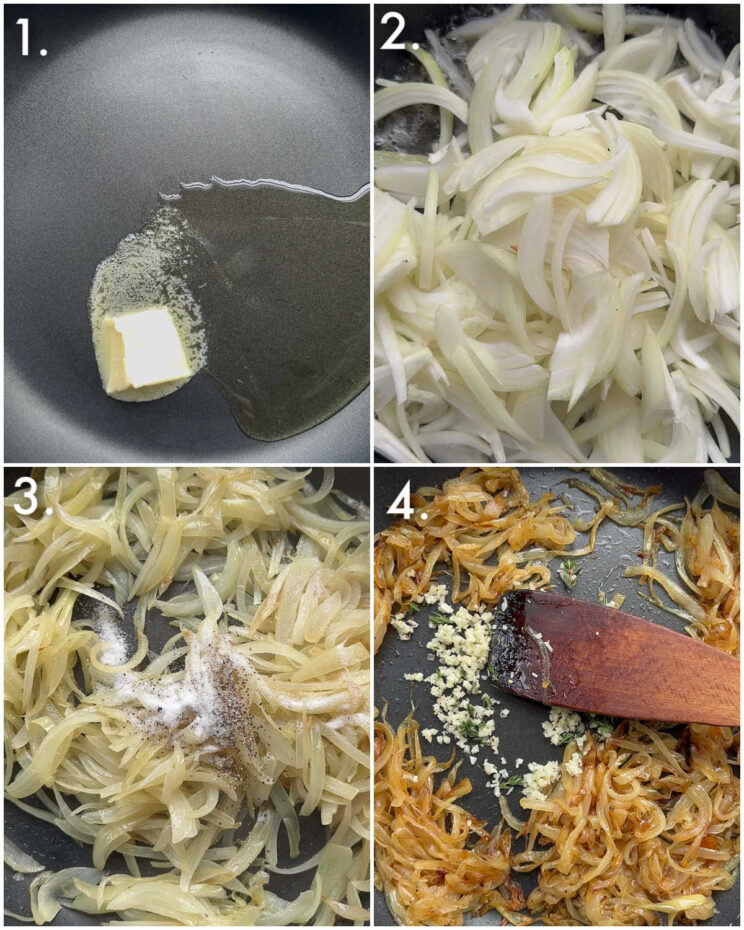 4 fotos passo a passo mostrando como caramelizar cebolas