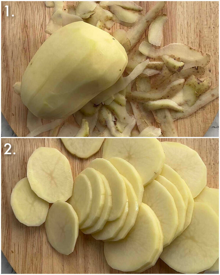 2 fotos passo a passo mostrando como fatiar batatas em uma padaria