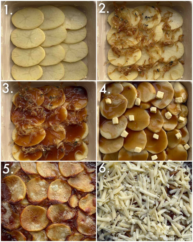 6 fotos passo a passo mostrando como fazer batatas boulangere