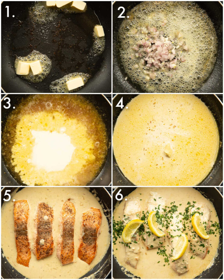6 fotos passo a passo mostrando como fazer salmão cremoso com limão