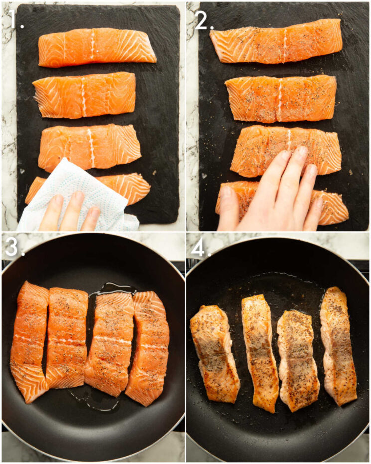 4 fotos passo a passo mostrando como preparar filés de salmão