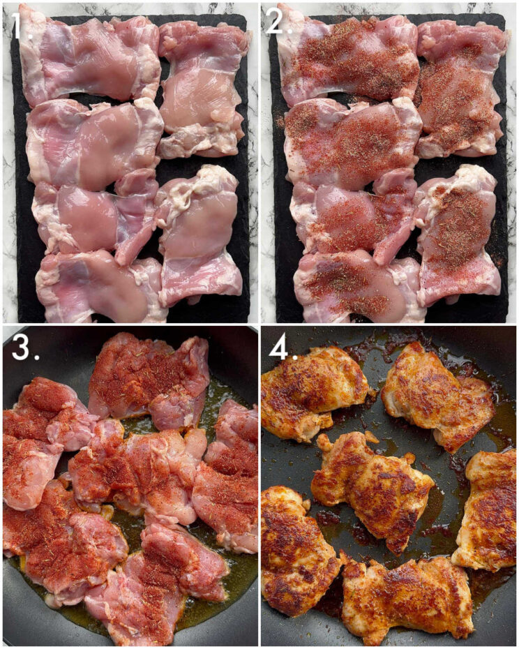 4 fotos passo a passo mostrando como preparar coxas de frango