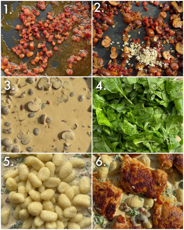 6 fotos passo a passo mostrando como fazer frango cremoso e nhoque 
