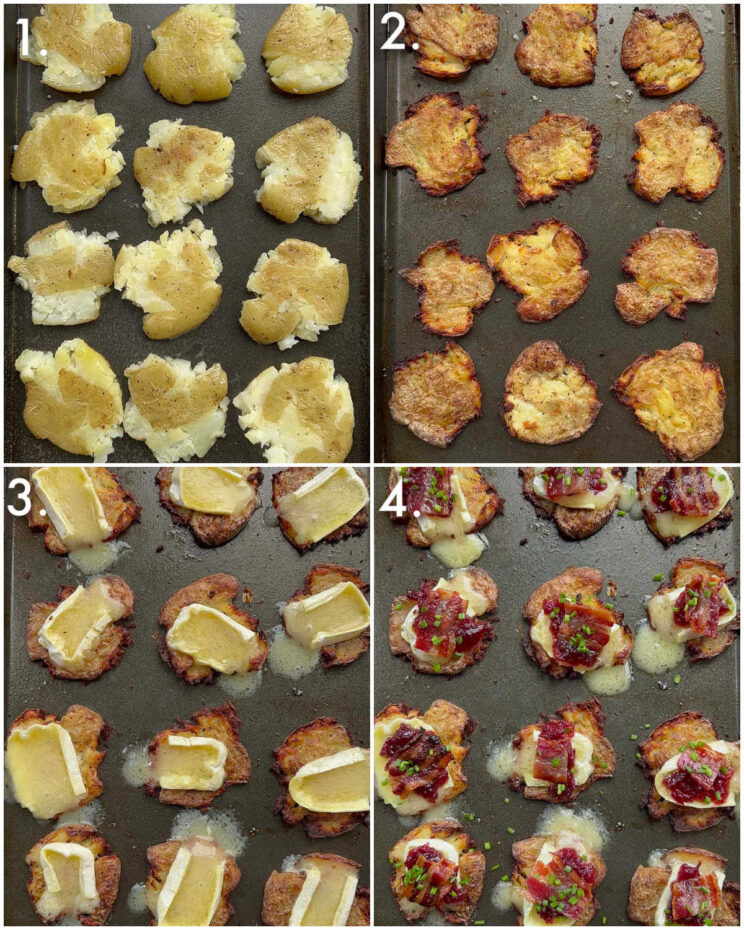 4 fotos passo a passo mostrando como fazer batatas com cranberry e bacon brie