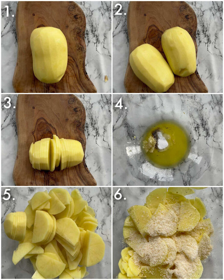 6 fotos passo a passo mostrando como fatiar batata gratinada