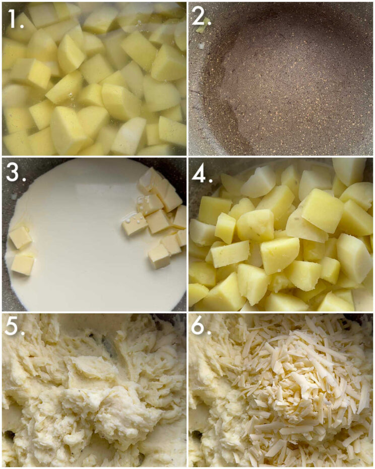 6 fotos passo a passo mostrando como fazer purê de batata com queijo