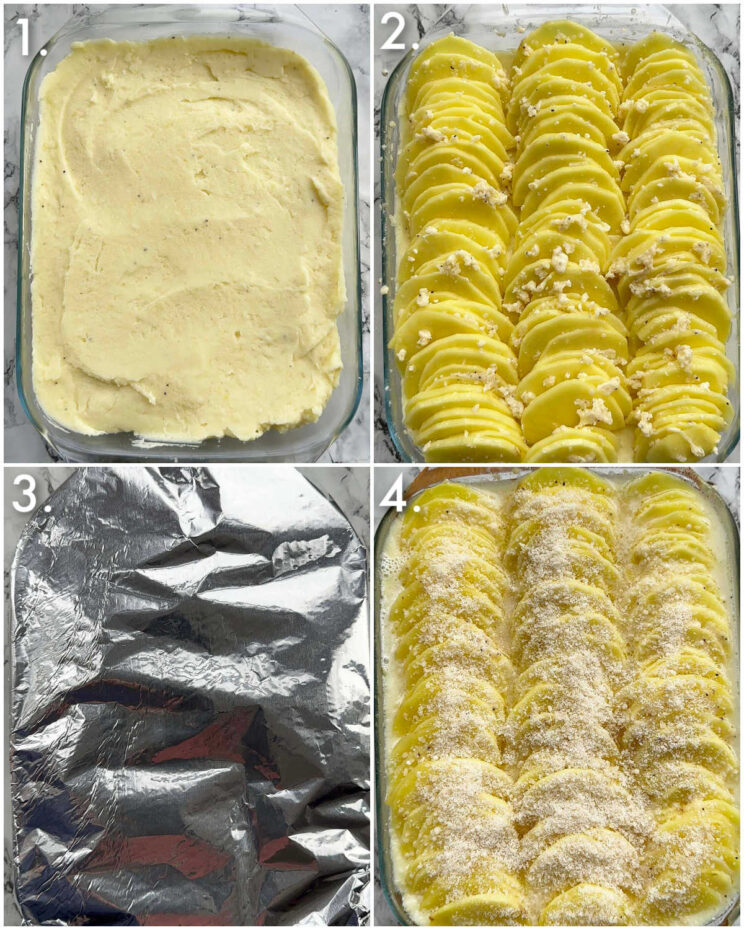 4 fotos passo a passo mostrando como fazer purê de batata gratinado