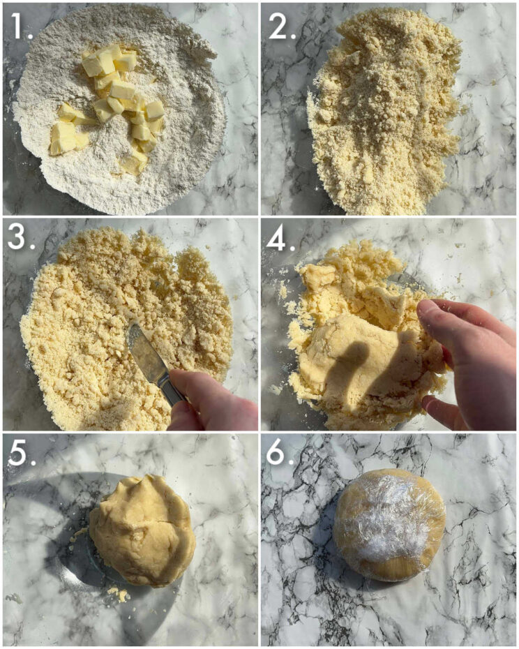 6 fotos passo a passo mostrando como fazer crosta de quiche