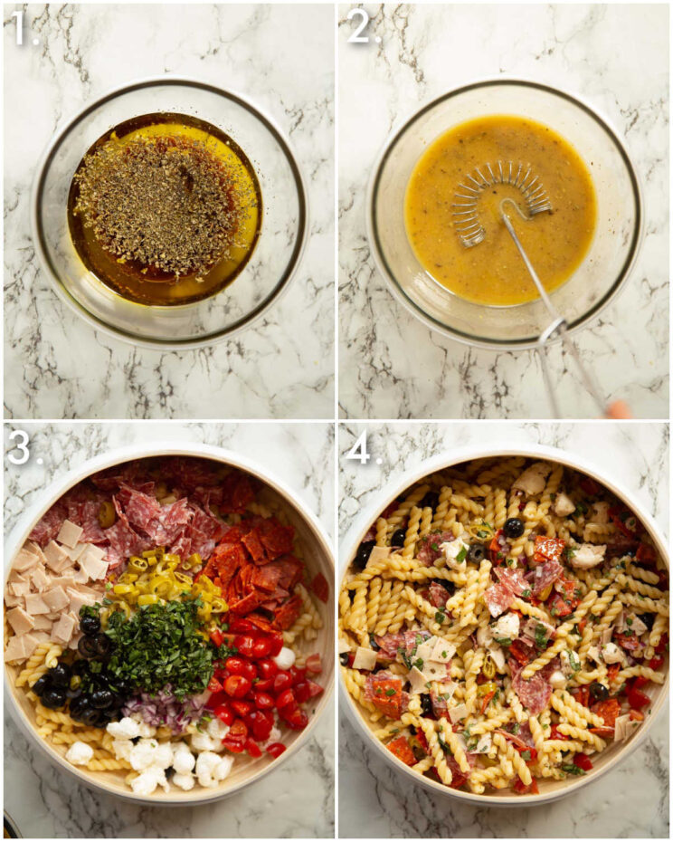 4 fotos passo a passo mostrando como fazer salada de macarrão italiana