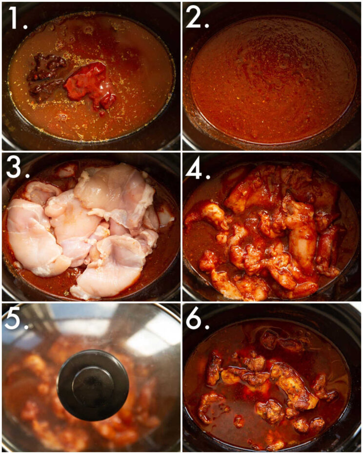 6 fotos passo a passo mostrando como fazer frango chipotle com mel em panela elétrica