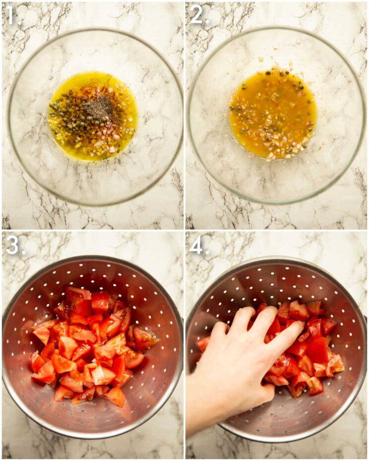 4 fotos passo a passo mostrando como fazer molho para salada panzanella