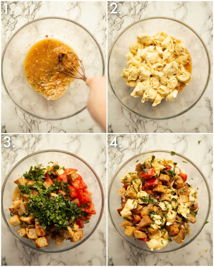 4 fotos passo a passo mostrando como fazer salada de macarrão panzanella tortellini