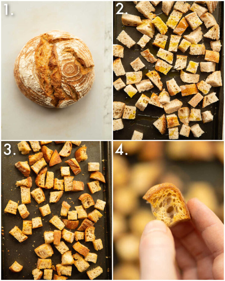 4 fotos passo a passo mostrando como fazer croutons