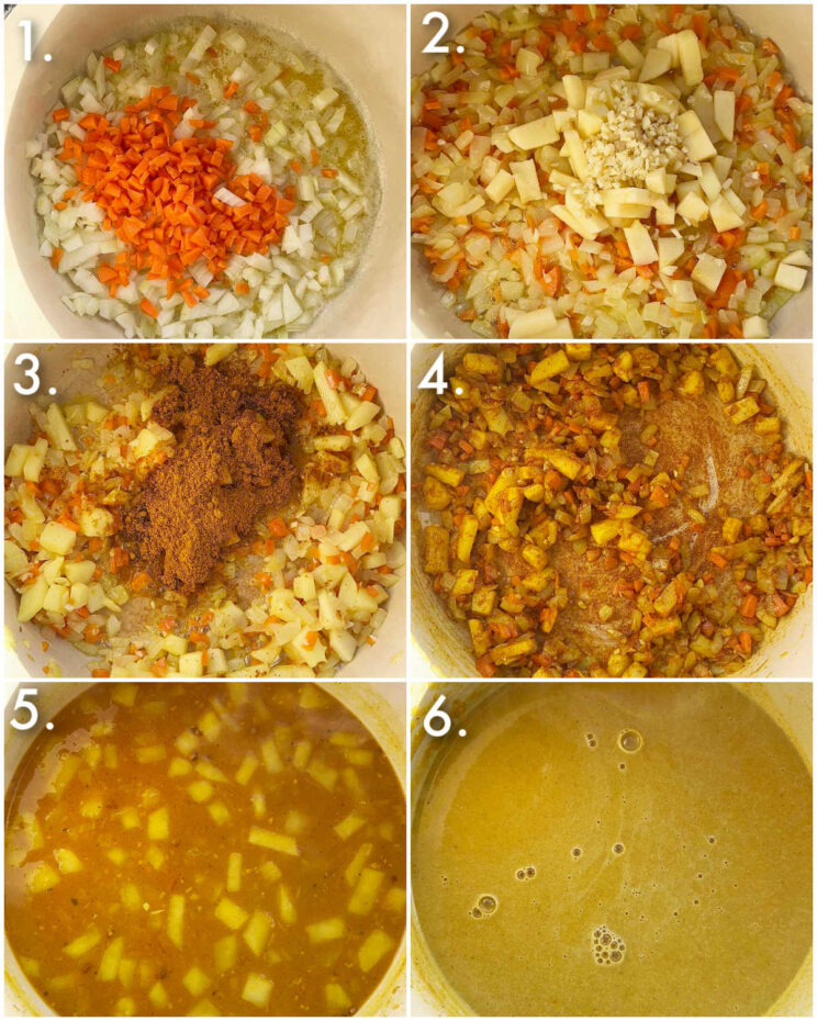 6 fotos passo a passo mostrando como fazer molho de curry chip shop
