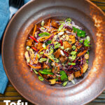 Salada de macarrão com molho de soja e tofu e arroz com muitos vegetais e uma sobreposição de título.