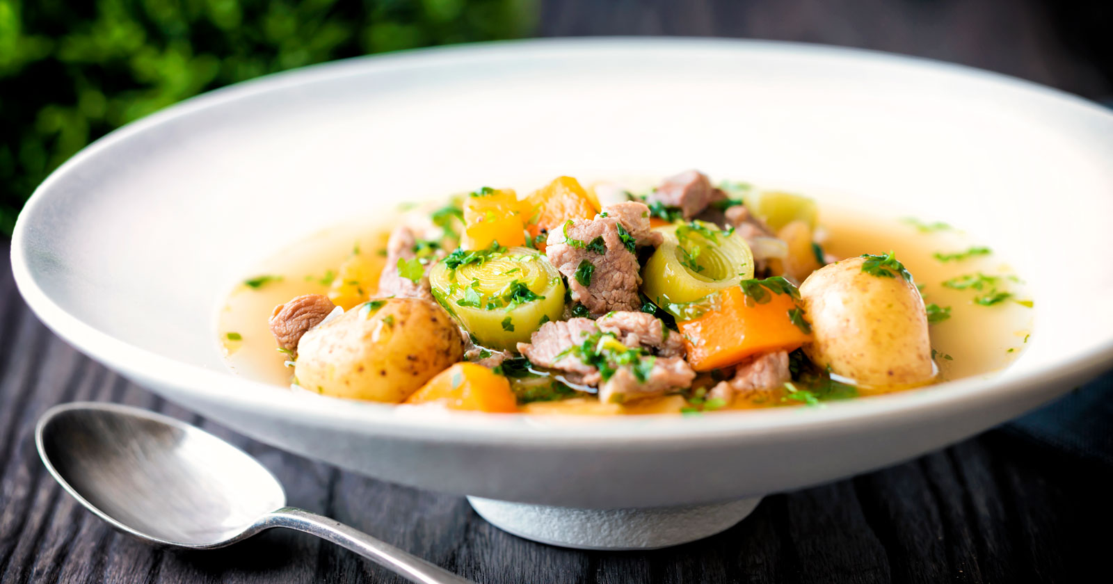 Welsh cawl, lamb and vegetable broth based soup with potatoes, leek, carrot and swede.
