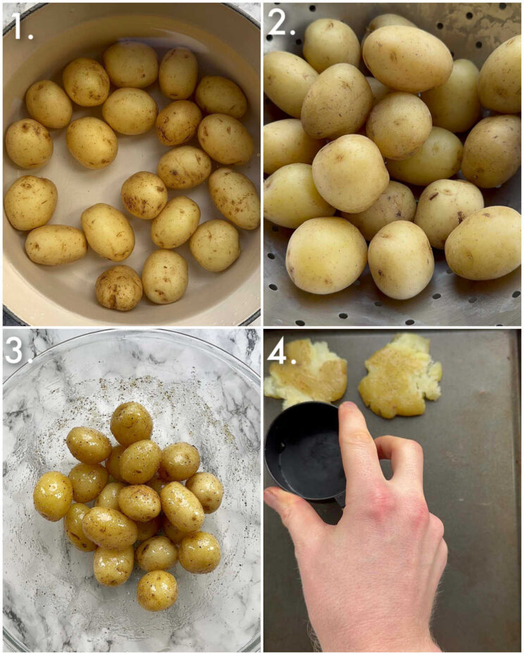 4 fotos passo a passo mostrando como fazer batata amassada